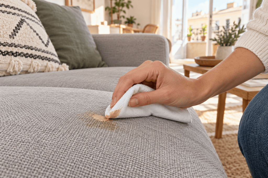 Una persona aplica toques con un paño blanco sobre una pequeña mancha de maquillaje en un sofá gris claro.