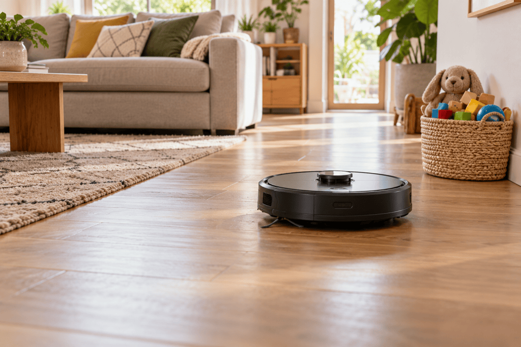Robot aspirador limpia una zona despejada junto a una cesta de juguetes