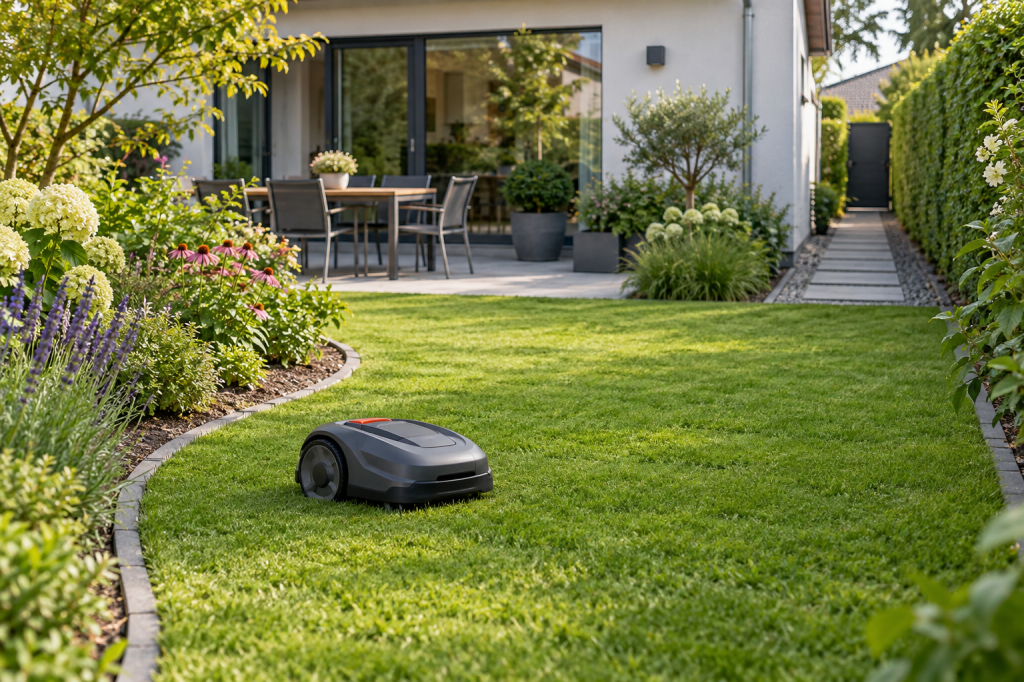 Robot cortacésped pequeño trabaja entre una zona de césped curva, un parterre y un patio