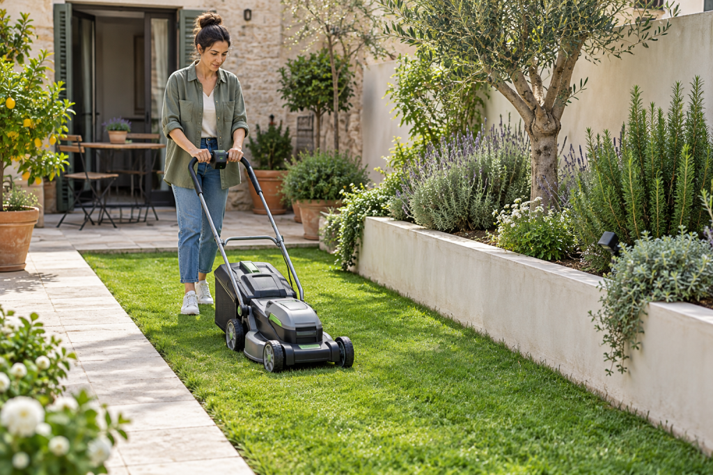 Cortacésped compacto de batería maniobra junto a un camino estrecho en un pequeño jardín