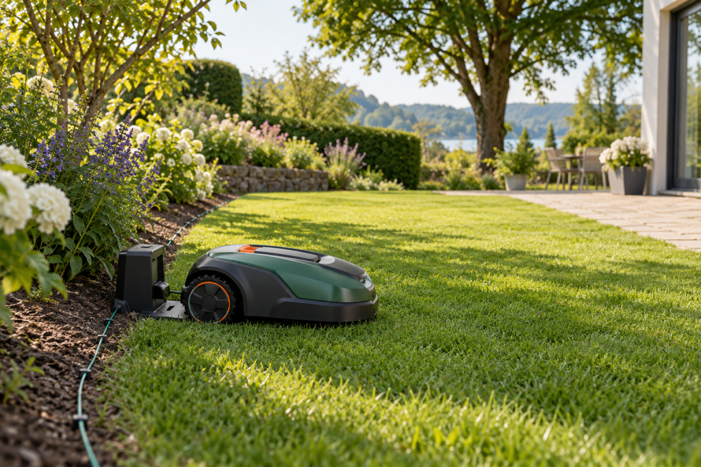 Robot cortacésped compacto verde y negro junto a su estación en un césped delimitado