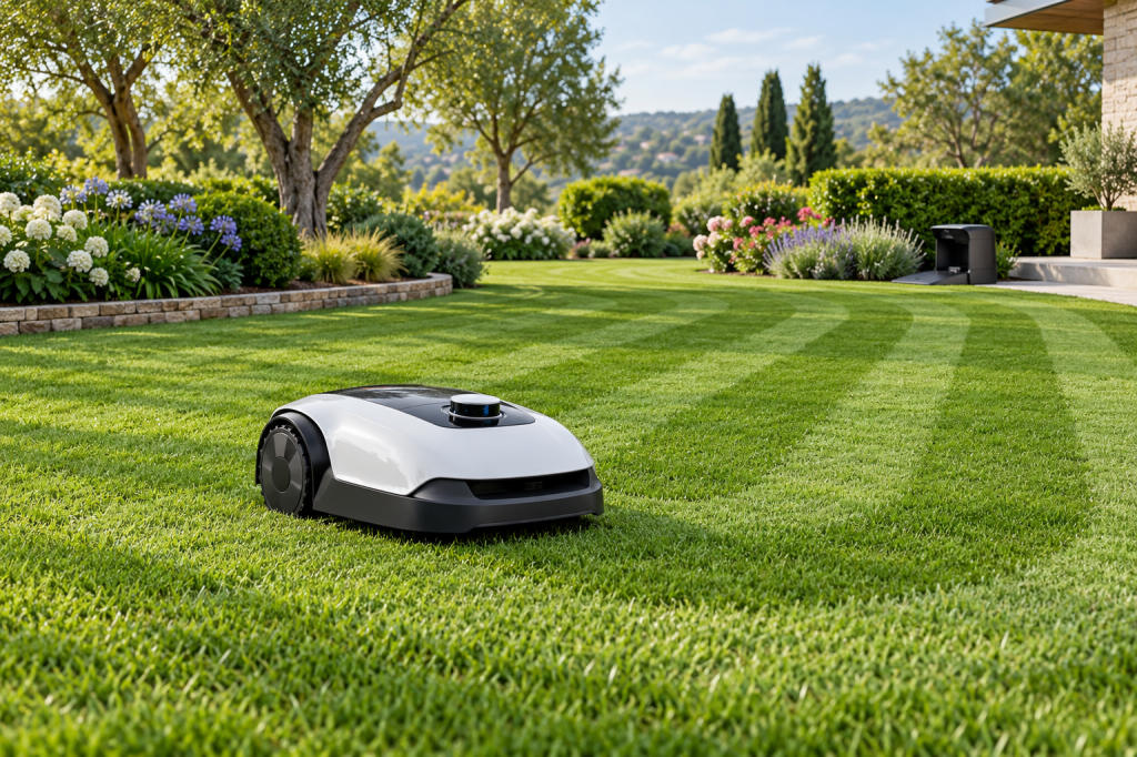 Robot cortacésped blanco y negro con sensor LiDAR en un jardín amplio con franjas de corte y estación de carga