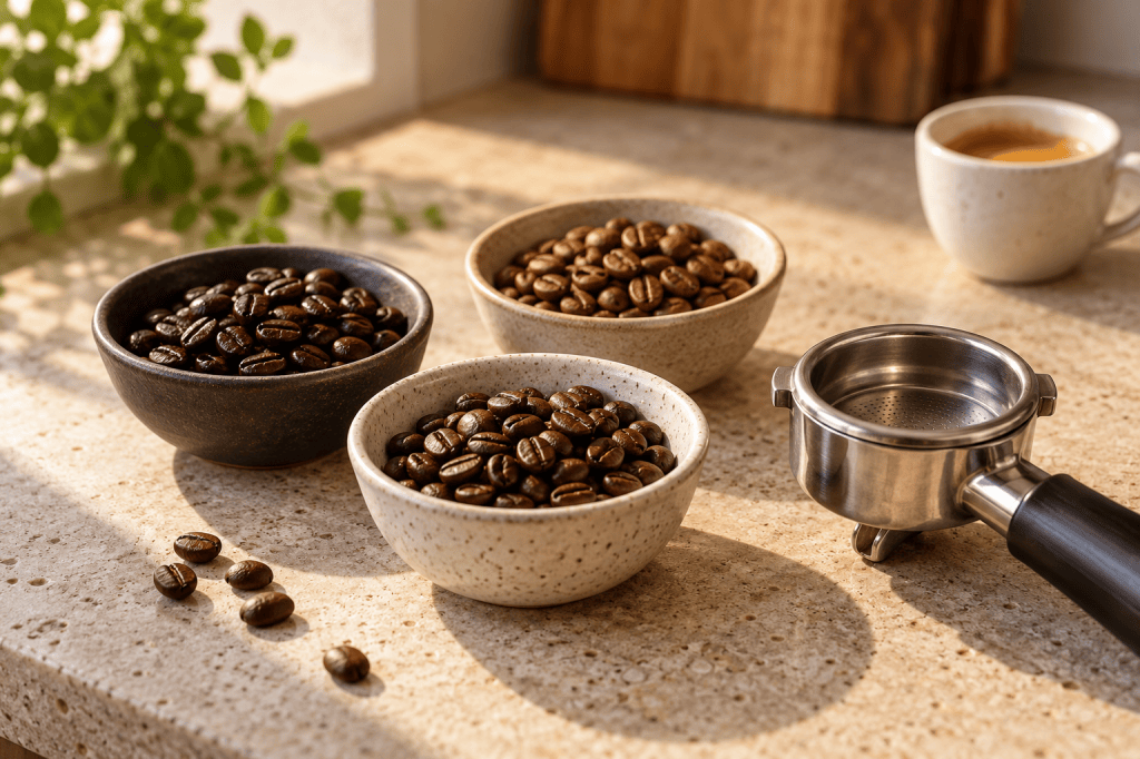 Tres perfiles de café en grano junto a un portafiltro y una taza de espresso