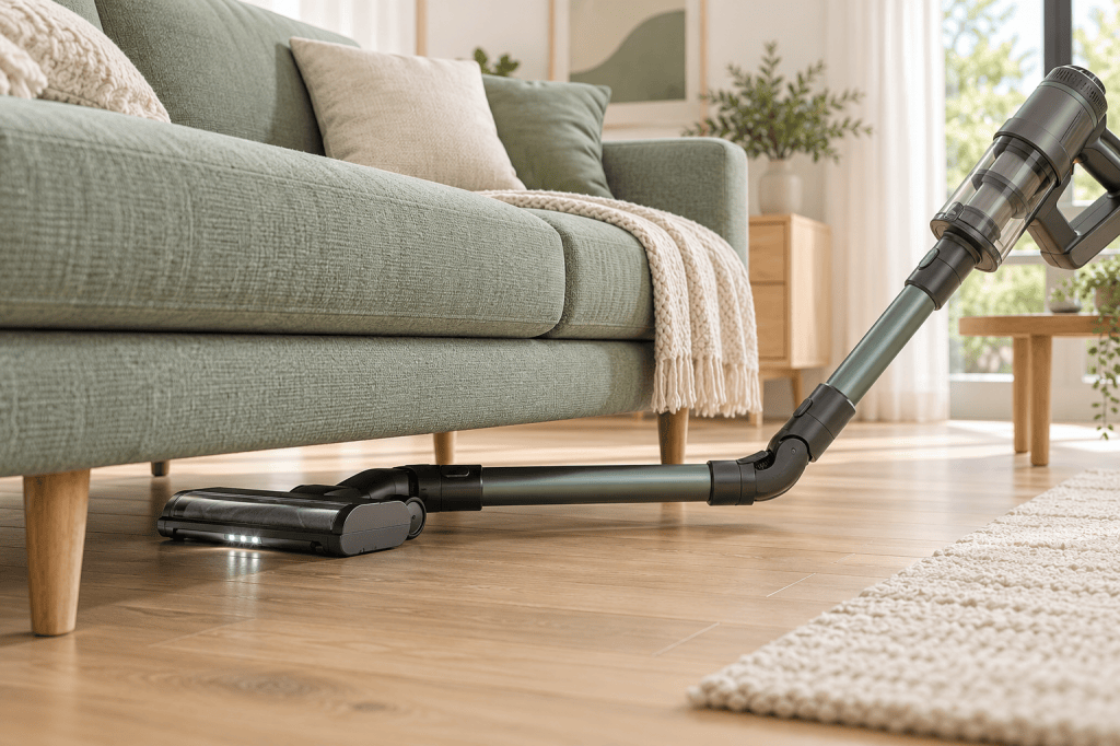 Aspiradora sin cable con el tubo articulado doblado para limpiar bajo un sofá