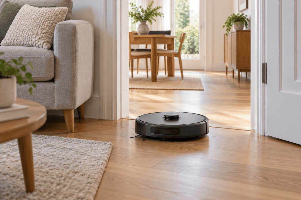 Robot aspirador cruzando una puerta entre el salón y el comedor
