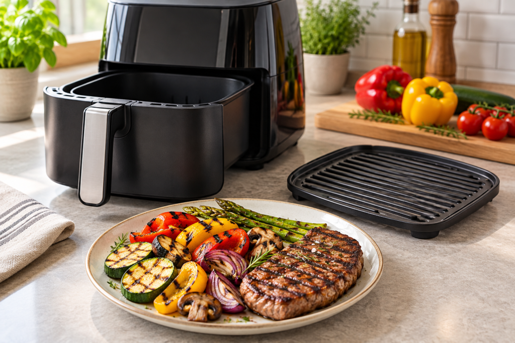 Freidora de aire junto a placa grill extraíble y un plato de carne y verduras con marcas de parrilla