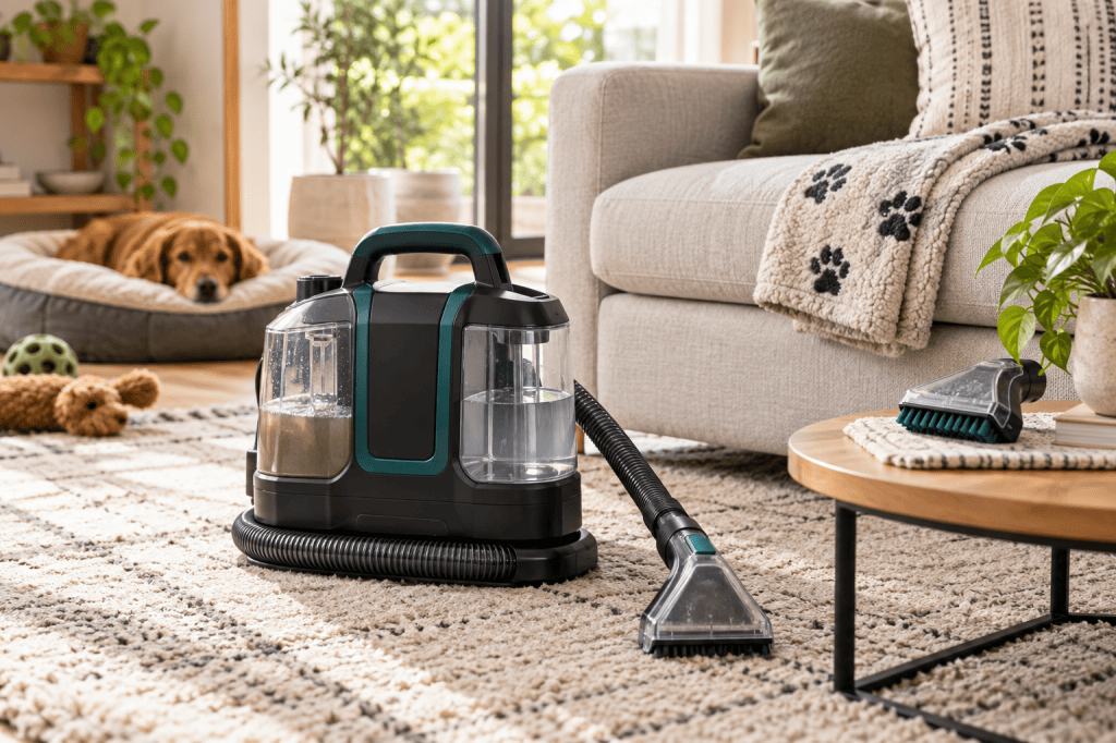 Limpiadora portátil de inyección-extracción junto a un sofá y una cama para perro en un salón.
