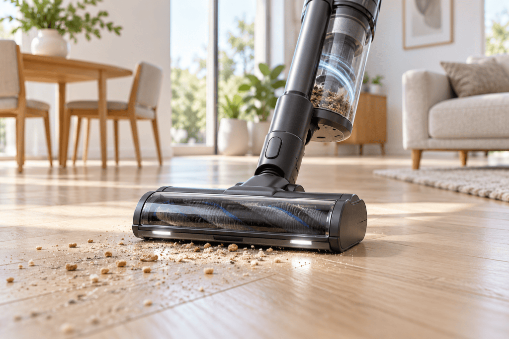 Cabezal motorizado de una aspiradora sin cable recogiendo migas de un suelo de madera