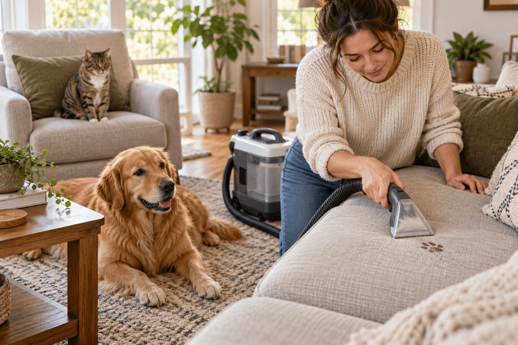 Una persona limpia el sofá con una máquina de inyección-extracción mientras un perro y un gato descansan en el salón.