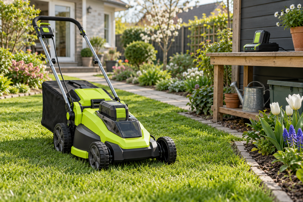 Cortacésped inalámbrico verde con batería de 18 V en un jardín doméstico