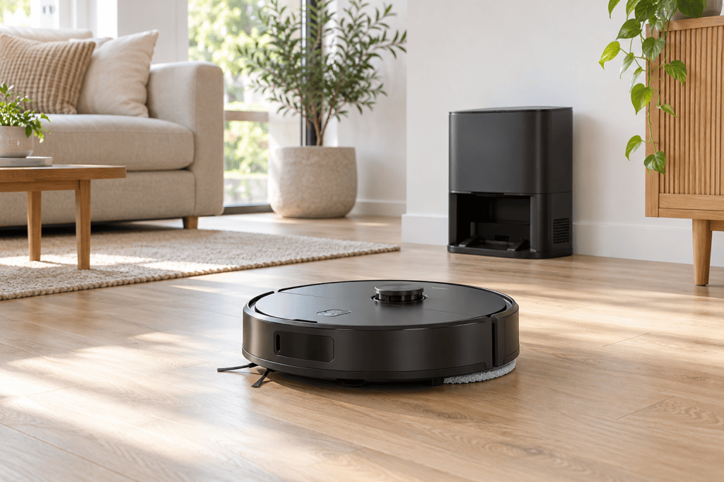 Robot aspirador negro con mopa delante de una base de mantenimiento en un salón luminoso.
