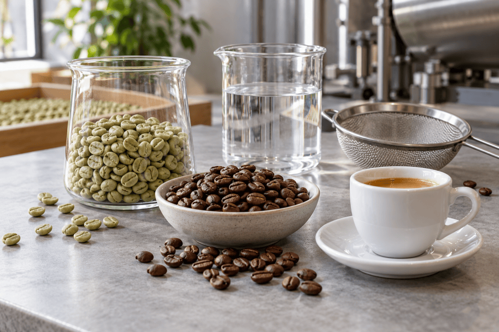 Granos de café verde y tostado junto a agua, un tamiz metálico y una taza de espresso