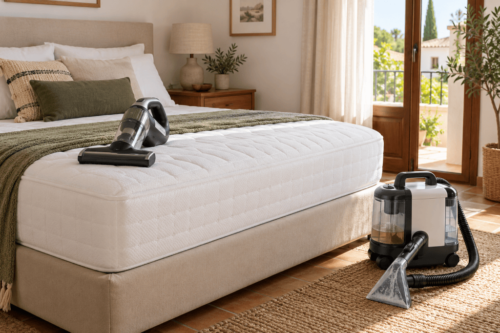 Un aspirador de colchones seco sobre una cama y una limpiadora portátil de inyección-extracción en el suelo junto al colchón.