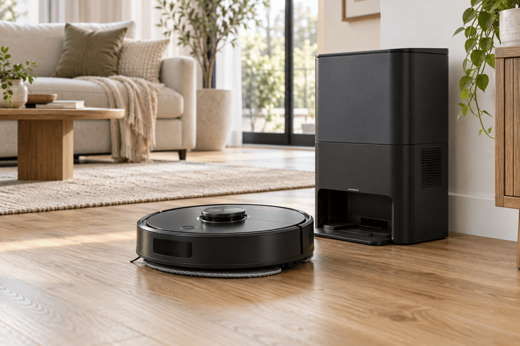 Robot aspirador negro con mopa plana delante de una base de mantenimiento en un salón luminoso.