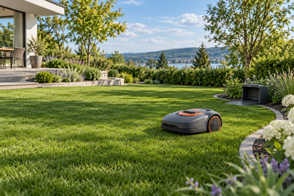 Robot cortacésped Segway Navimow i105E gris oscuro en un jardín residencial de tamaño pequeño