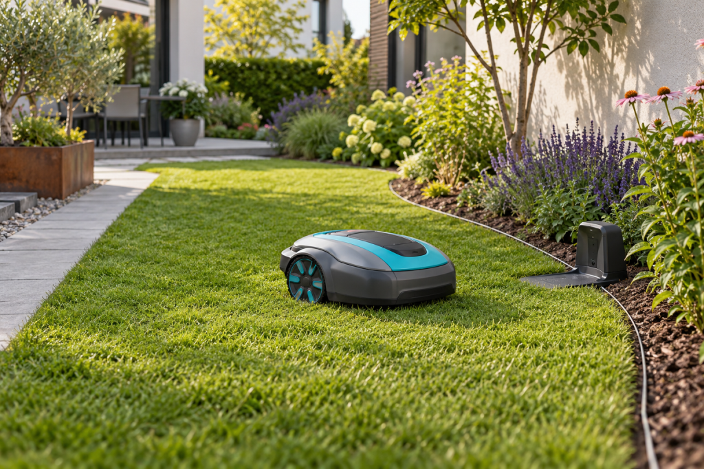 Robot cortacésped gris y turquesa junto a la estación en un jardín urbano con parterre curvo