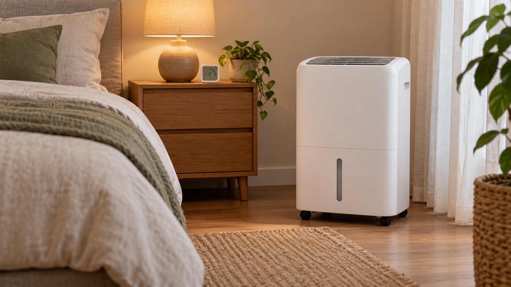 Deshumidificador compacto con ruedas junto a una cama en un dormitorio