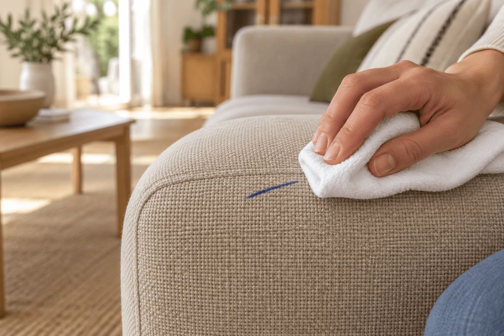 Una persona da toques con un paño blanco junto a una pequeña línea azul de rotulador sobre un sofá beige.