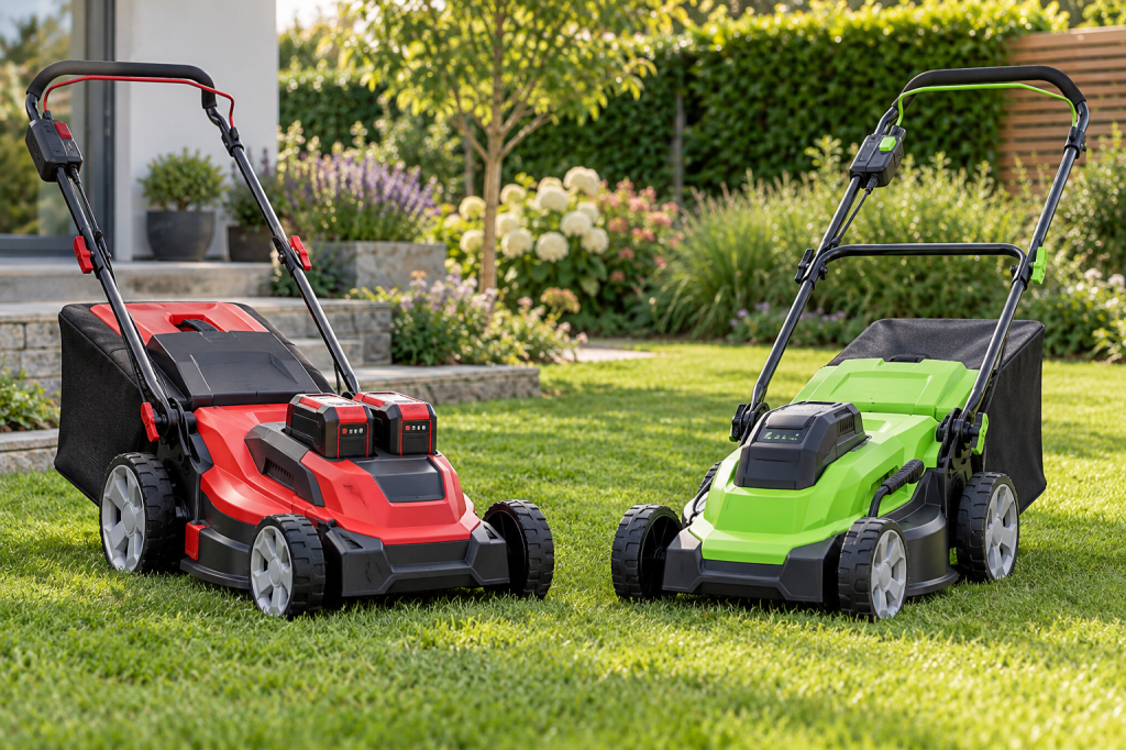 Cortacésped rojo con dos baterías y cortacésped verde con una batería en un jardín residencial