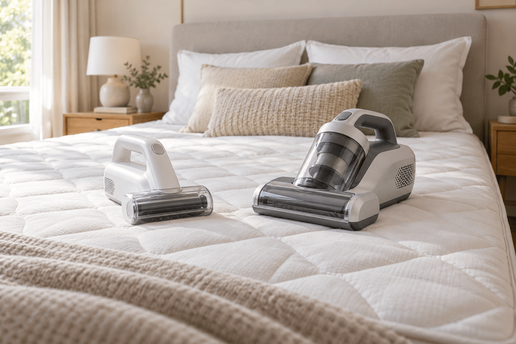 Dos aspiradores compactos de colchones, de distinto tamaño y sin marcas visibles, sobre una cama de dormitorio.
