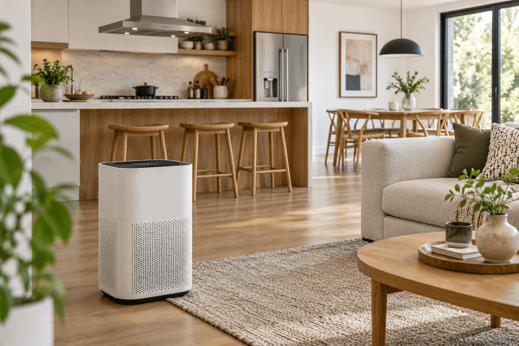 Purificador de aire en un salón conectado con una cocina ventilada