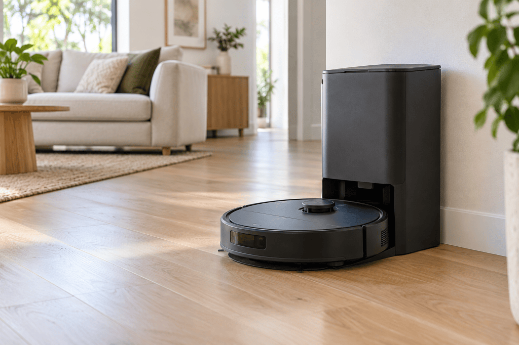 Robot aspirador regresando a una base de autovaciado en un salón luminoso