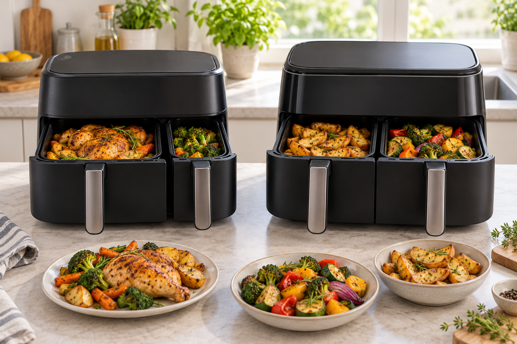 Freidoras de aire de doble cesta desigual y simétrica con pollo y verduras.
