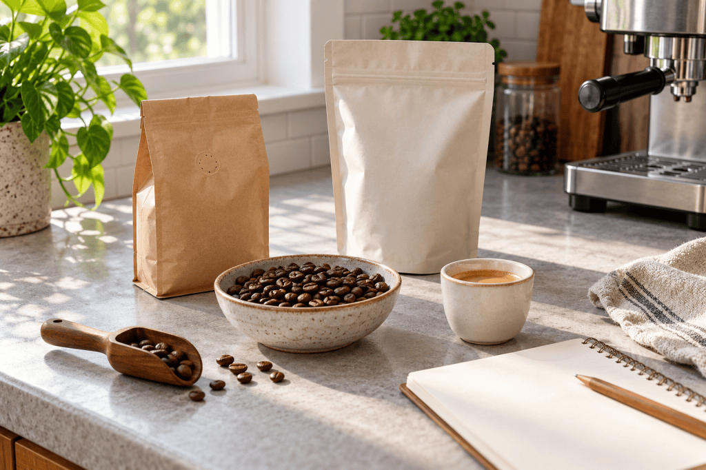 Dos bolsas de café sin marca junto a granos, una taza de espresso y un cuaderno de cata en una cocina