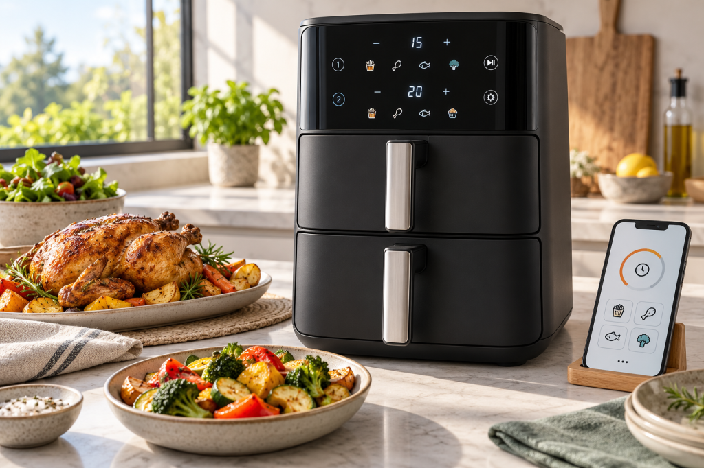 Freidora de aire vertical de doble cesta junto a un móvil con recetas y temporizador
