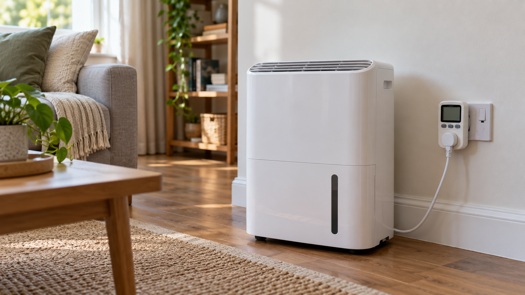Deshumidificador doméstico conectado a un medidor de consumo eléctrico en una sala.
