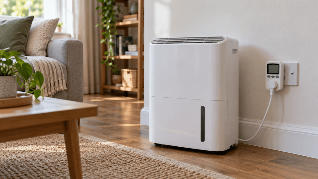 Deshumidificador doméstico conectado a un medidor de consumo eléctrico en una sala.