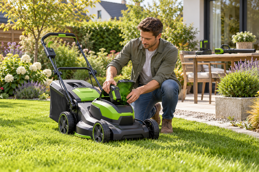 Un usuario coloca la batería en un cortacésped Greenworks verde en un jardín doméstico