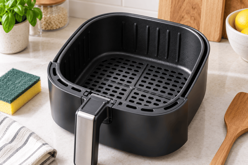 Cesta extraíble de freidora de aire con recubrimiento antiadherente junto a una esponja suave