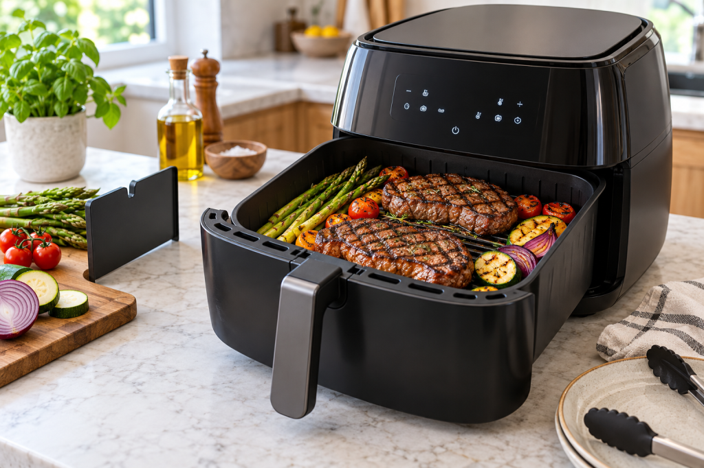 Freidora de aire de gran capacidad cocinando carne y verduras sobre una superficie de grill