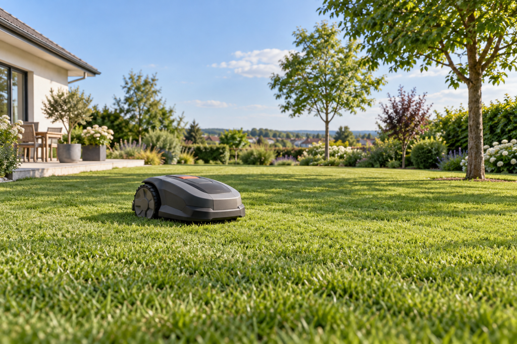 Robot cortacésped inalámbrico trabaja en un césped residencial amplio y abierto con árboles en los bordes