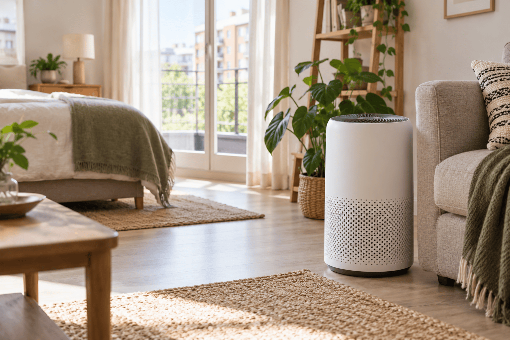 Purificador de aire junto a un sofá en una sala de estar luminosa