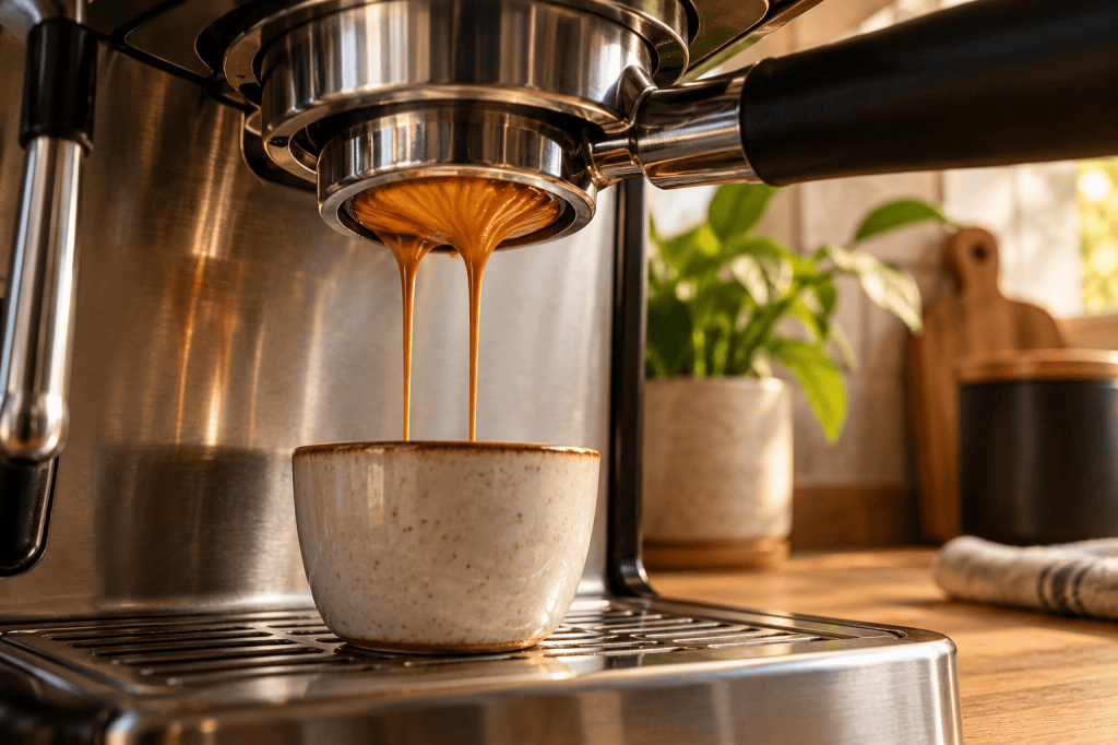 Portafiltro sin fondo en una cafetera espresso con dos chorros de café cayendo a una taza