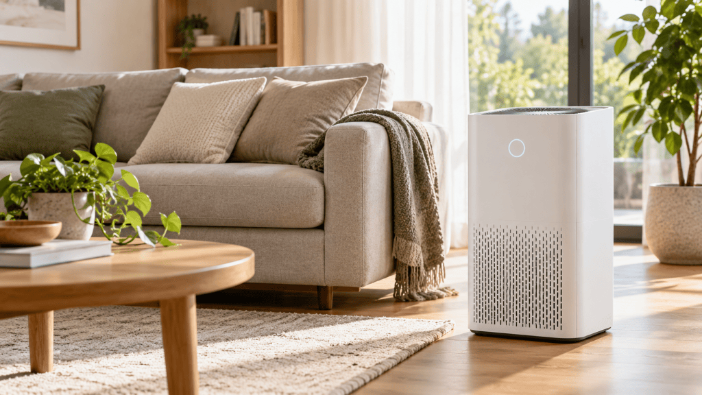 Purificador de aire Xiaomi de tamaño medio en un salón luminoso