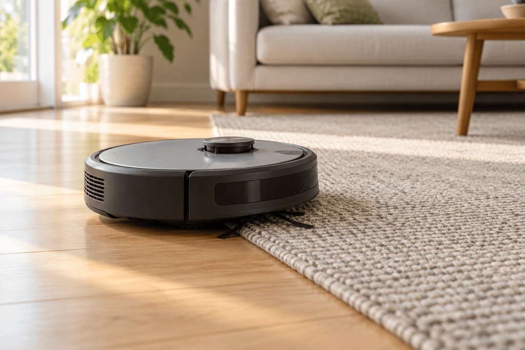 Robot aspirador cruza el borde de una alfombra de pelo corto sobre suelo de madera