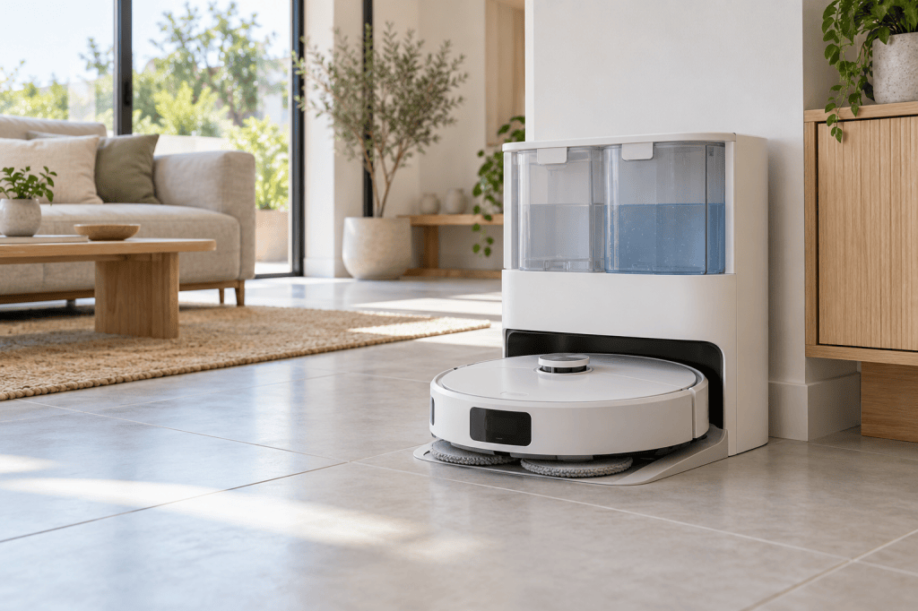 Robot aspirador con mopas acoplado a una estación con depósitos de agua