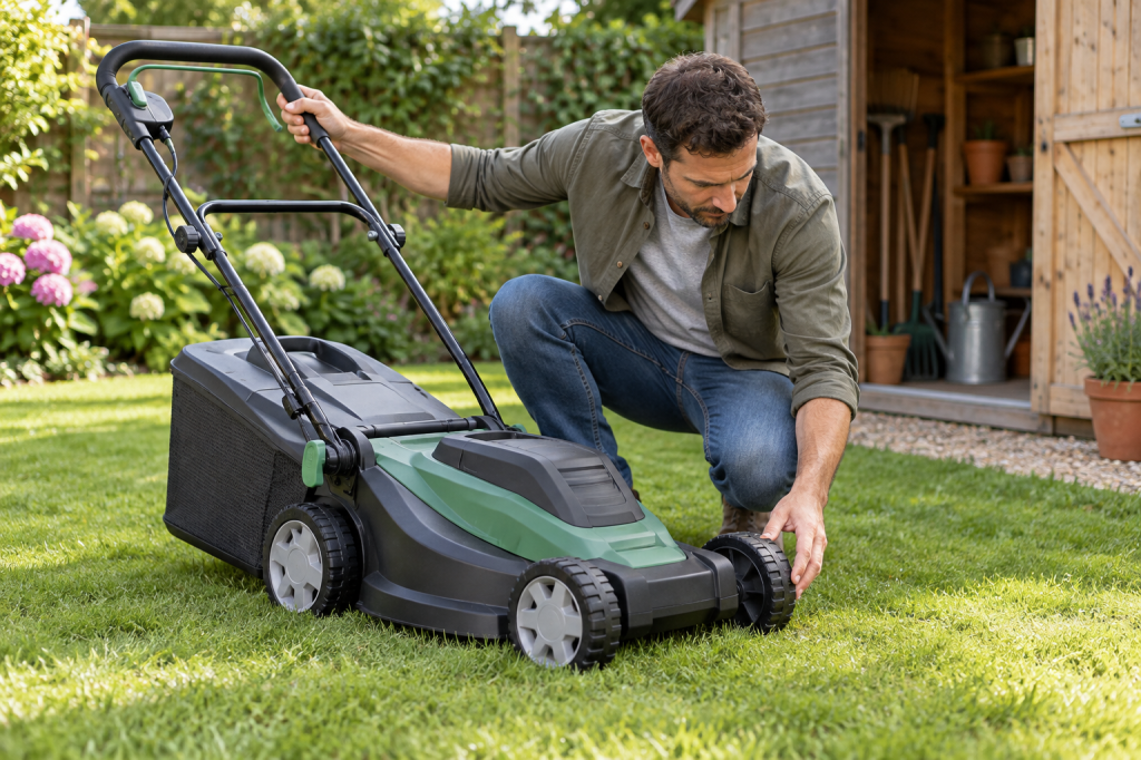 Persona comprueba las ruedas de un cortacésped eléctrico compacto en el jardín