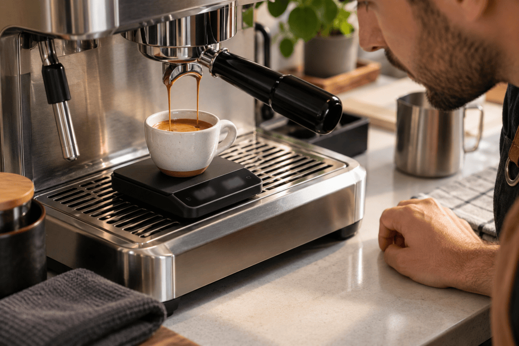 Báscula compacta bajo una taza mientras se extrae espresso en una cafetera manual