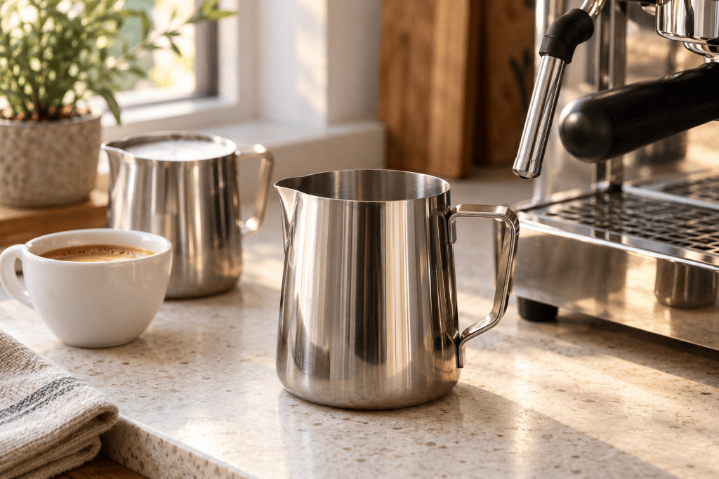 Dos jarras de acero inoxidable para espumar leche junto a una cafetera espresso