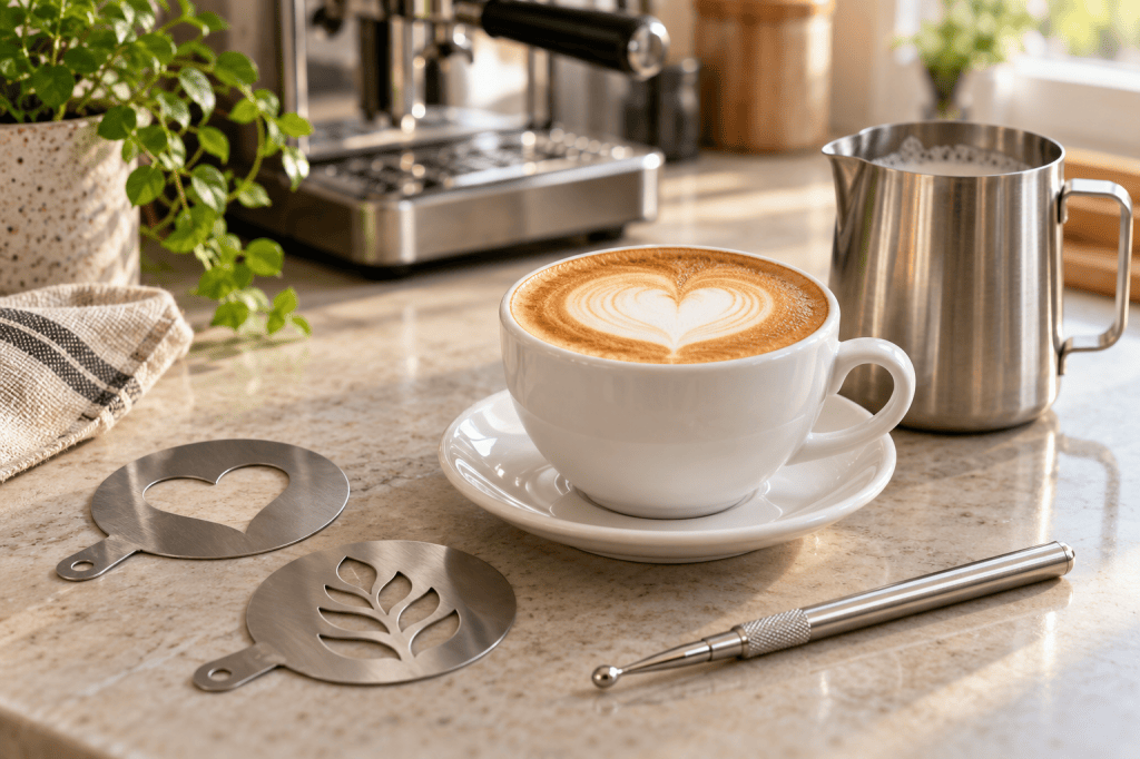 Taza de cappuccino con corazón y herramientas de latte art sobre una encimera