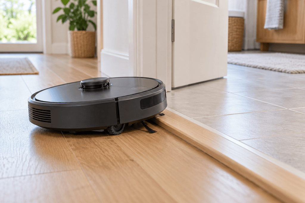 Robot aspirador llega a un umbral entre un suelo de madera y uno de baldosa