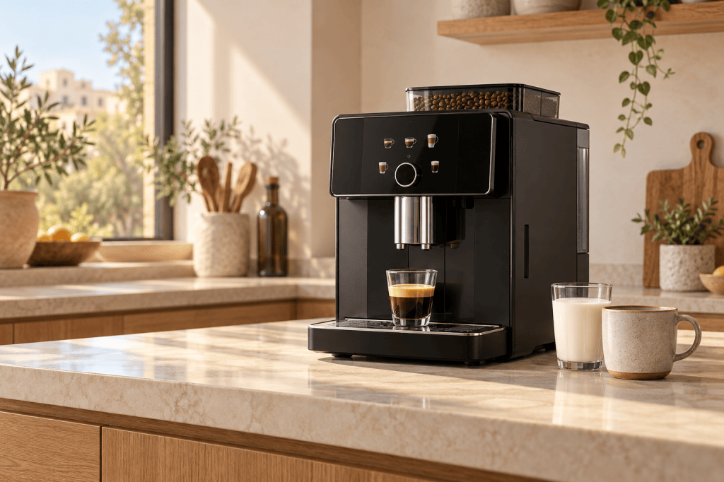 Cafetera superautomática negra junto a una taza de espresso en una cocina luminosa