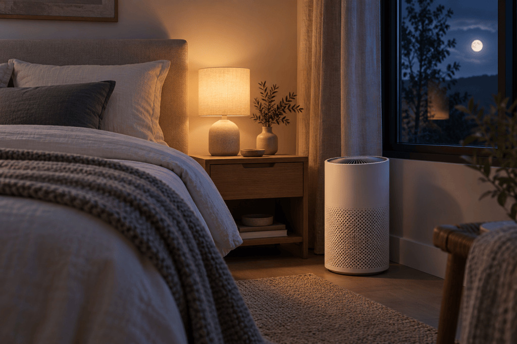 Purificador de aire junto a una cama en un dormitorio de noche