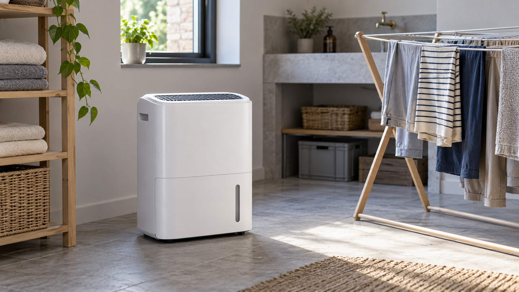 Deshumidificador compacto en una lavandería doméstica con ropa tendida