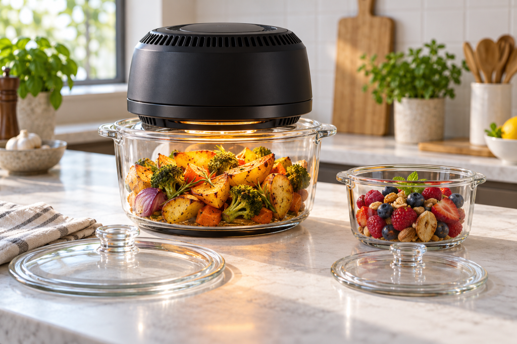 Unidad calefactora portátil sobre recipiente de cristal con verduras y otro recipiente pequeño