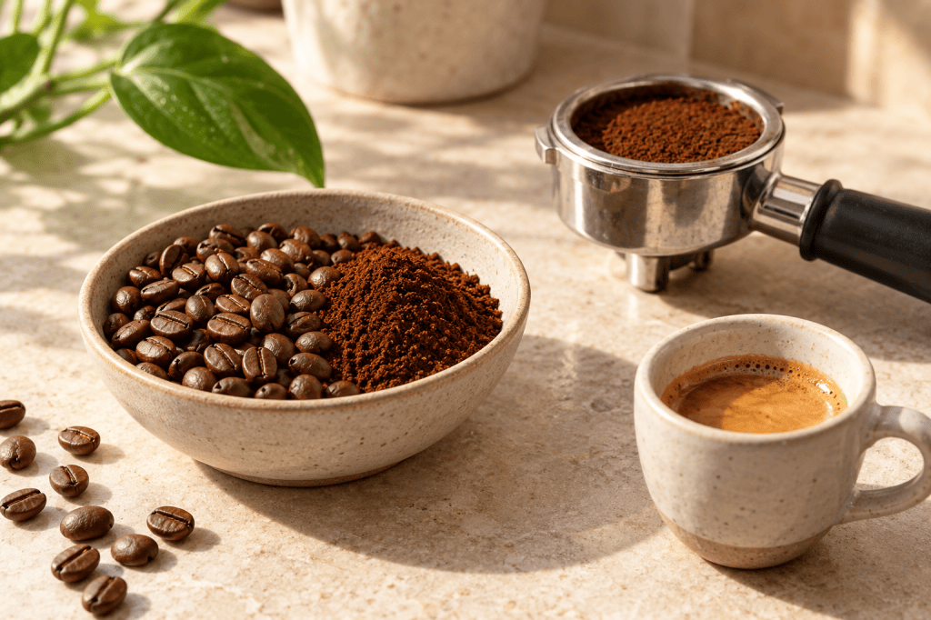 Café descafeinado en grano, café molido y una taza de espresso sobre una encimera clara